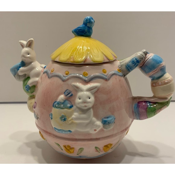 Easter Egg Ceramic Pink Teapot Bunnies and Bluebird - Picture 2 of 9